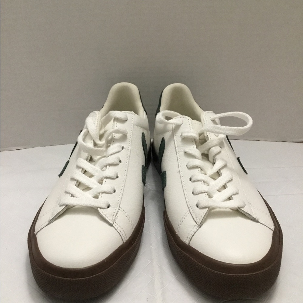 Veja White Sneakers with Green V Logo and Brown Sole